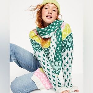 Old Navy Multi Fair Isle Green White Pink Knit Scarf Ribbed Trim